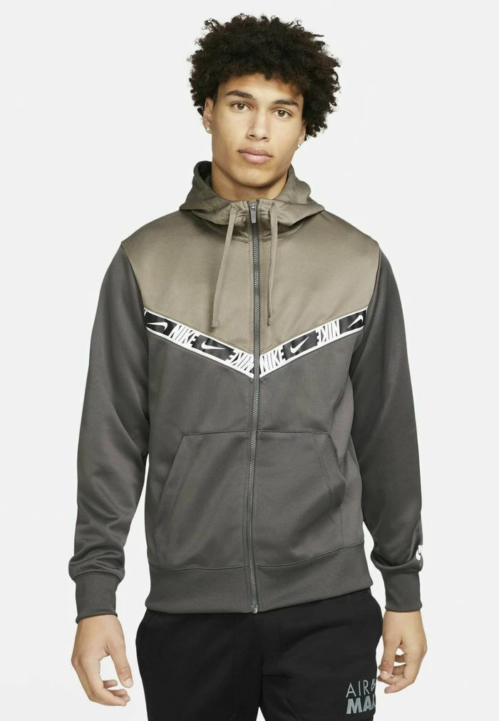 Nike Sportswear REPEAT HOODIE - Zip-up Sweatshirt - Medium Ash Olive Grey White